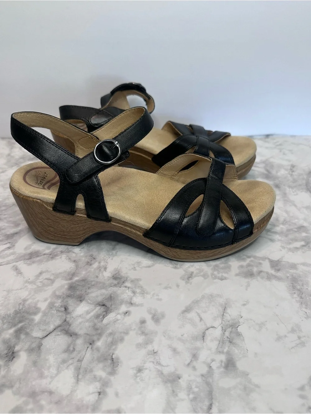 Dansko Candace Ankle Strappy Wedge Black Sandals size 38(7.5-8)